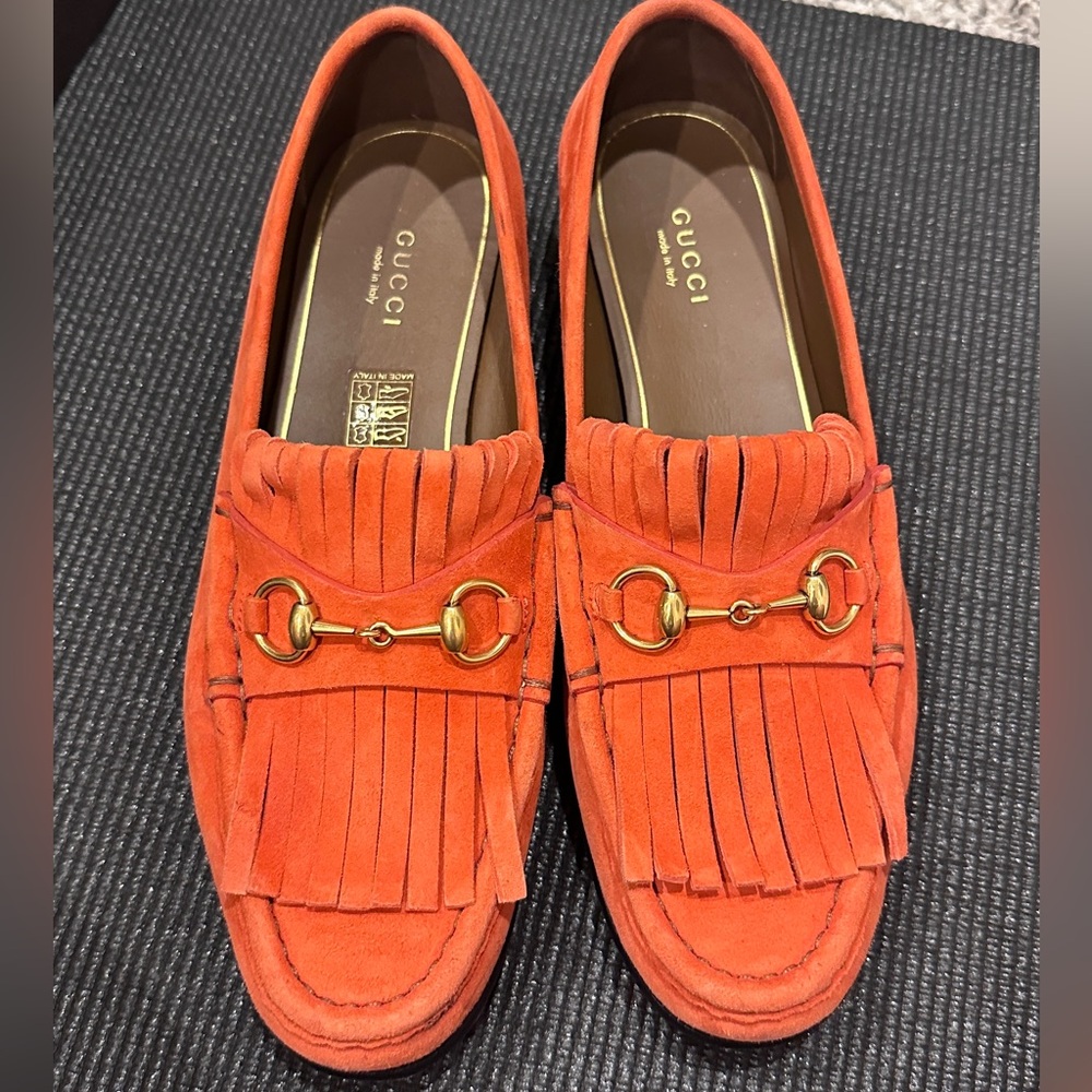 Gucci Orange Suede Fringe Horsebit Loafers 38.5 - Picture 3 of 14